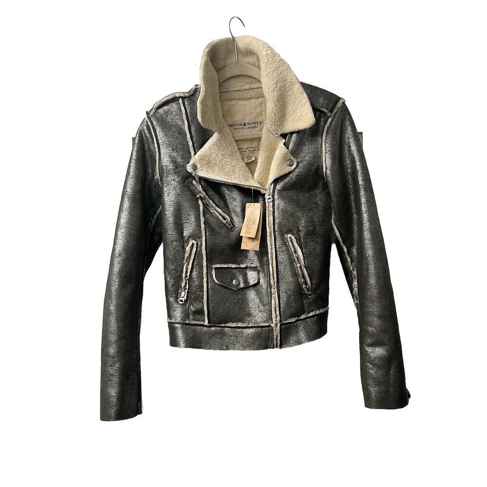 NWT DENIM & SUPPLY RALPH LAUREN WOMENS JACKET COAT METALLIC SILVER SHERPA MED